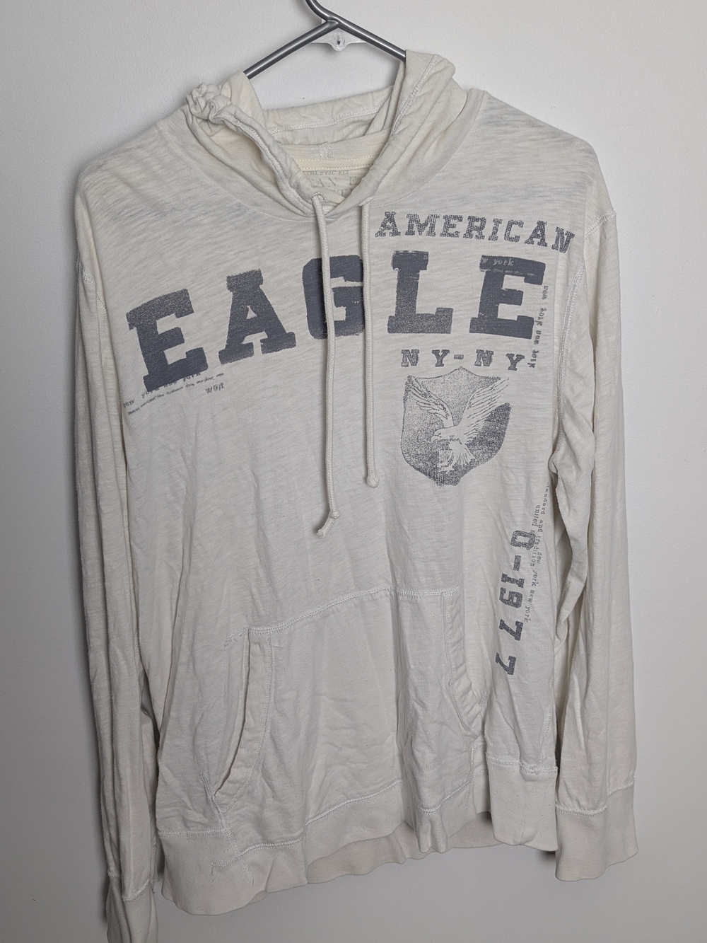 American Eagle Outfitters Cream Pullover Hoodie with Gray Graphic